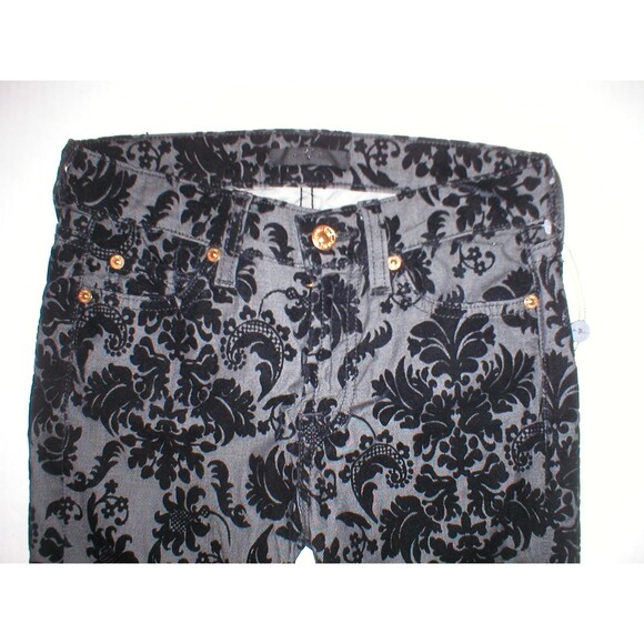 New Womens 24 Black 7 for all mankind Jeans Pants USA Floral Flocked Skinny Soft - Picture 2 of 5